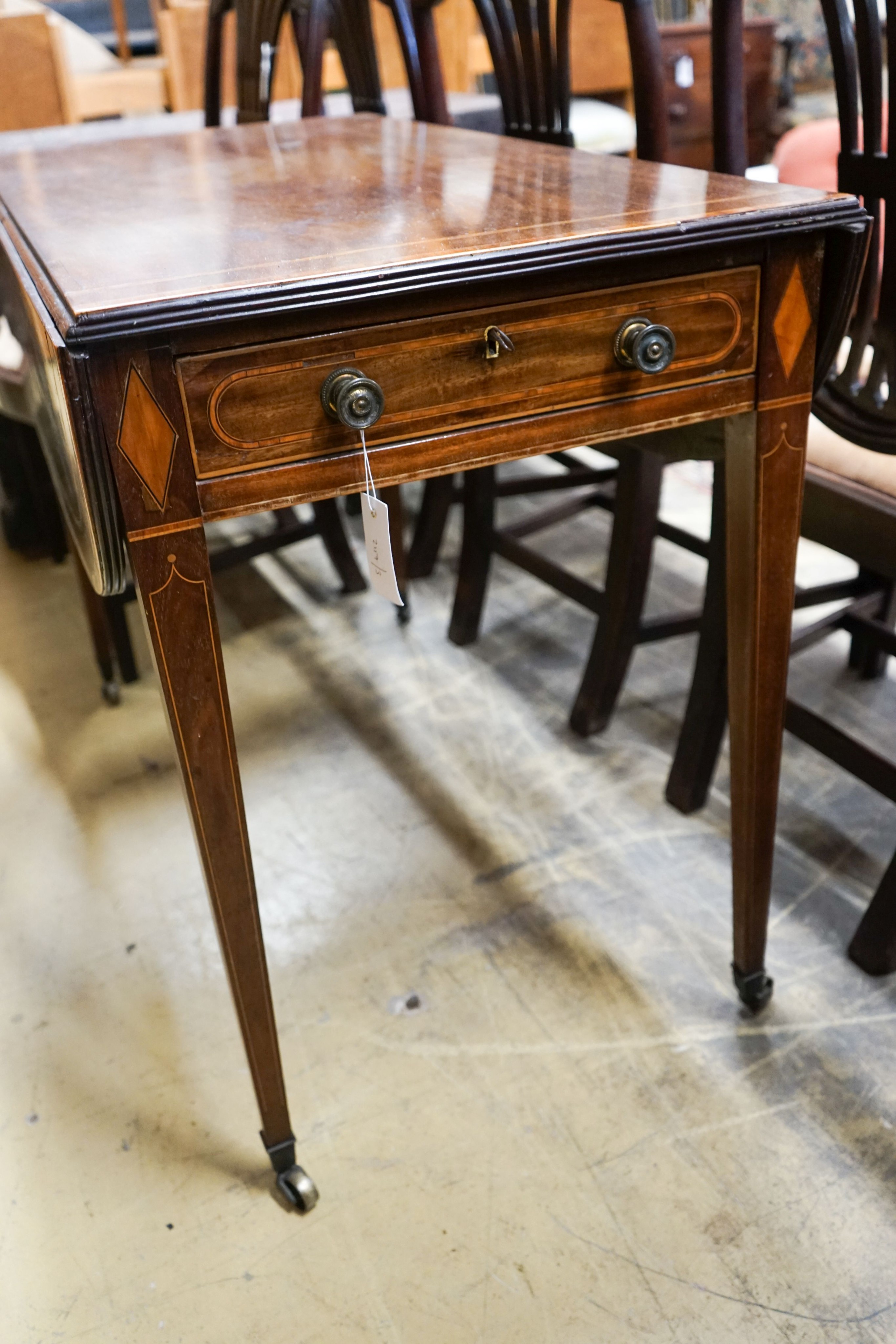 A George III satinwood banded mahogany Pembroke table, width 96cm, depth 52cm, height 73cm